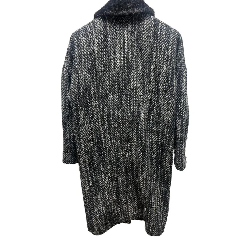 H&M Wool Blend Faux Fur Collar Tweed Overcoat